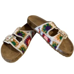 DL Cork Granny Square Sandals Women Size 11 Colorful Embroidered Boho Buckle EUC